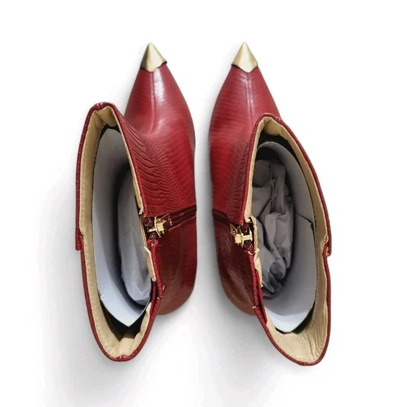 New York & CO Kyla Pointed Toe Bootie 8 New - Red Faux Lizard Leather Embossed - Picture 6 of 11